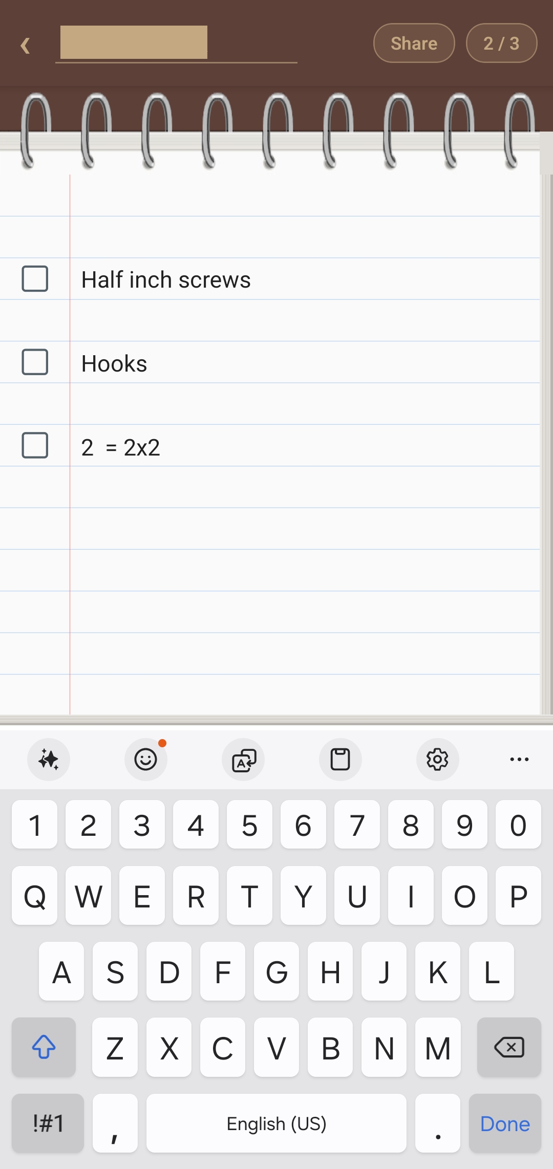 A notebook page in Old School Note Pad with a simple checklist being typed.